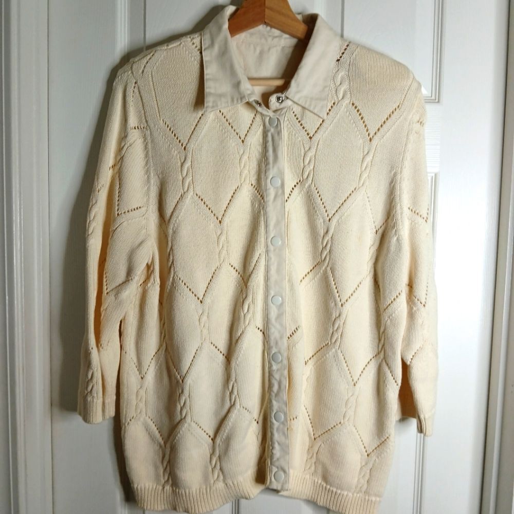 Vintage Cream Knit Snap Front Pointel Knit Women's Sweater Sz X Large